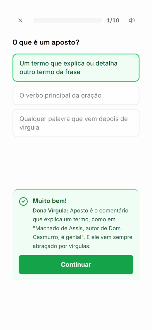 Lição de pontuação com resposta certa e feedback da Dona Vírgula