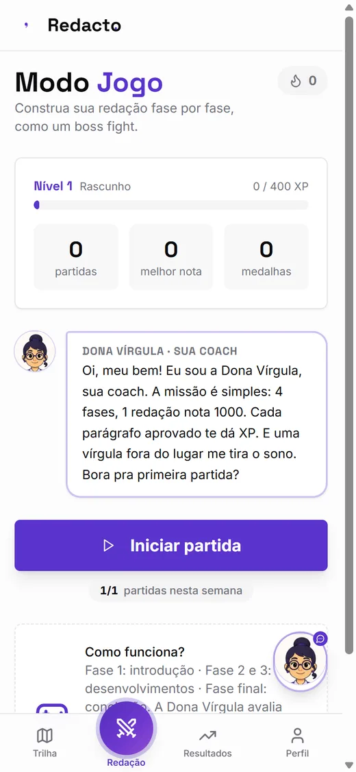 Tela da partida de redação em 4 fases