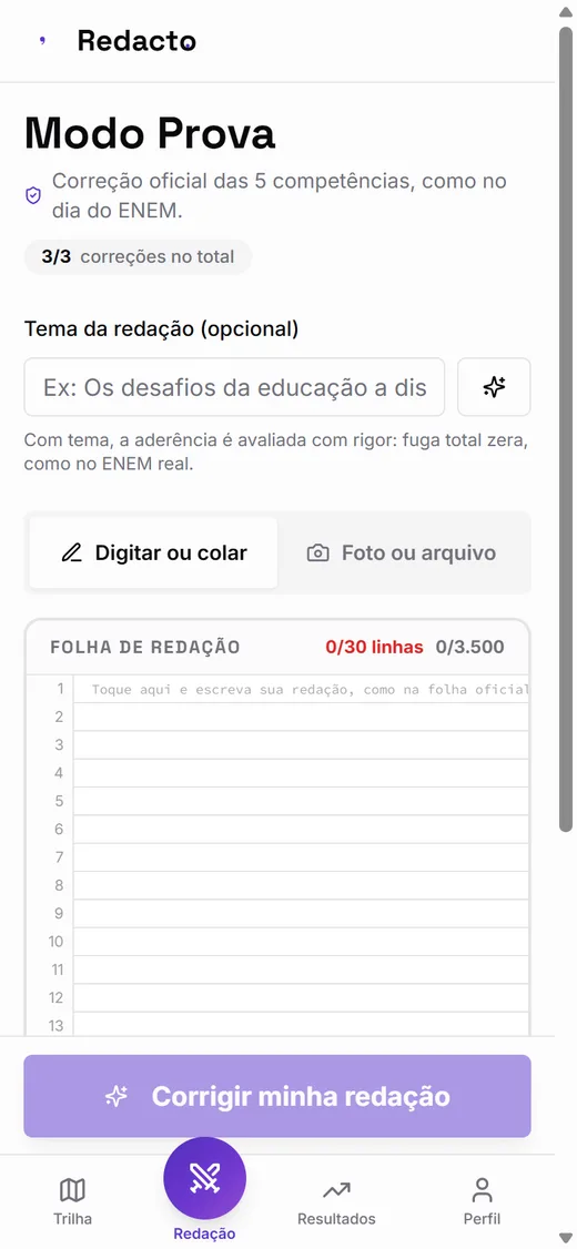 Tela de Redação com a folha oficial de 30 linhas